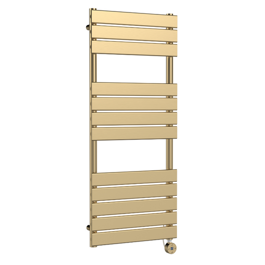 Tan Nuie Brushed Brass Electric Square Flat Towel Rail Radiator with 12 Bars, 1213mm x 500mm