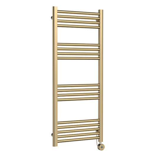 Tan Nuie Brushed Brass Electric Round Tube Towel Rail Radiator with 17 Bars, 1200mm x 500mm